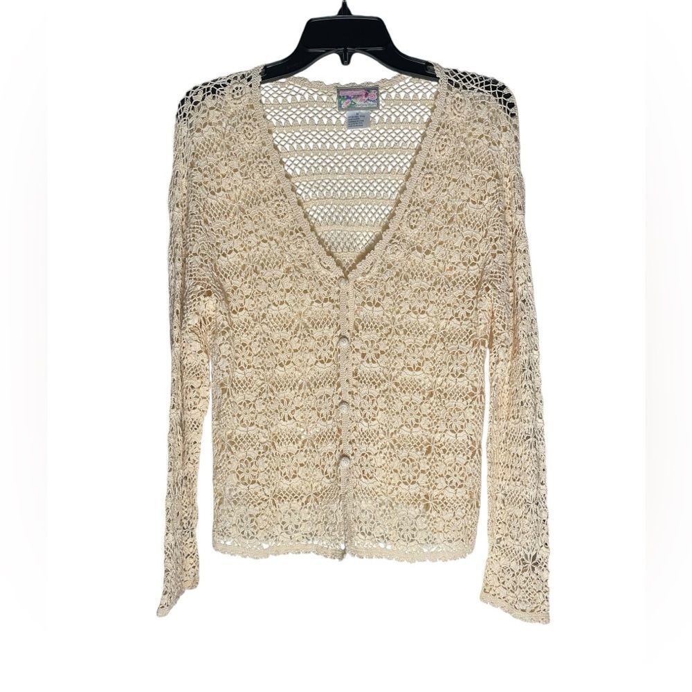 VTG April Cornell Knitted Cardigan Womens Medium Cream Crochet cottagecore Y2K